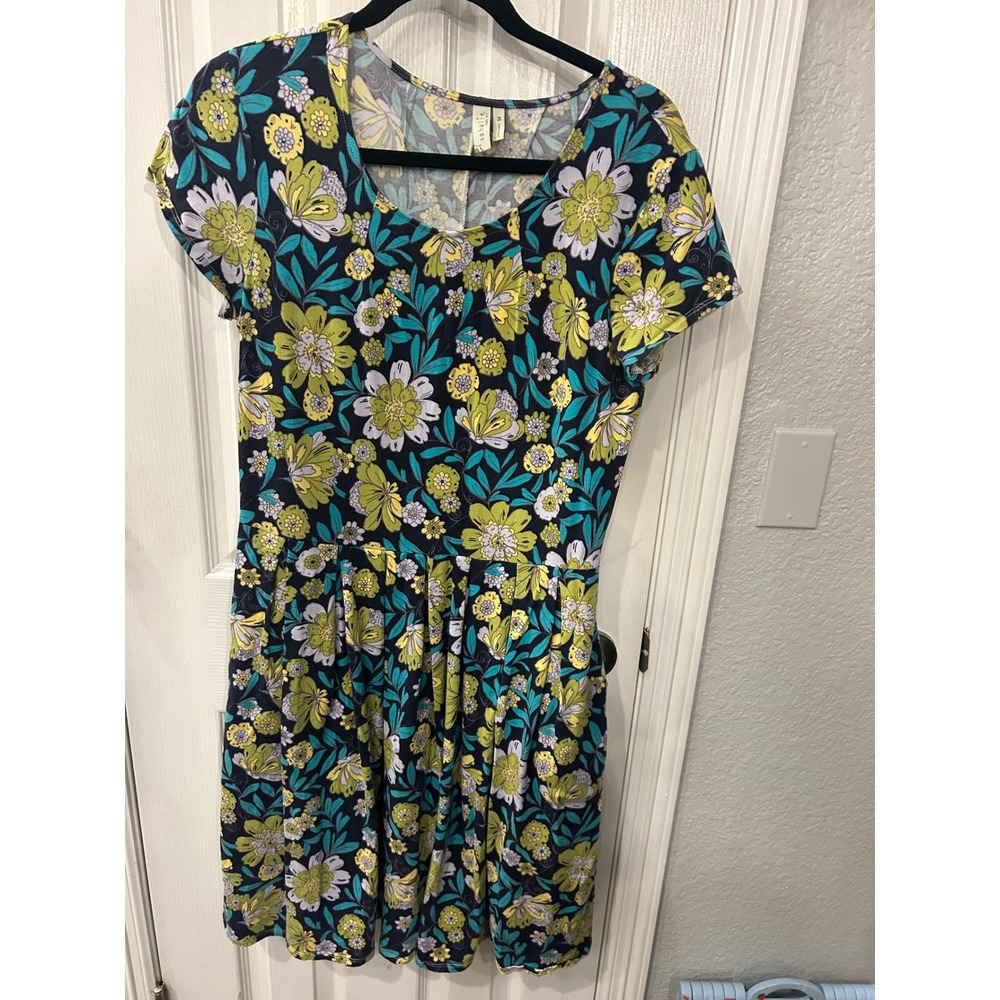 Sahalie Dress Navy Floral Short Sleeve Pleated Pocket Knit Casual Garden